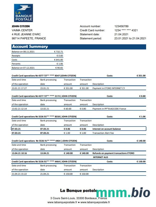 Szablon wyciągu bankowego France HSBC w formacie Word i PDF